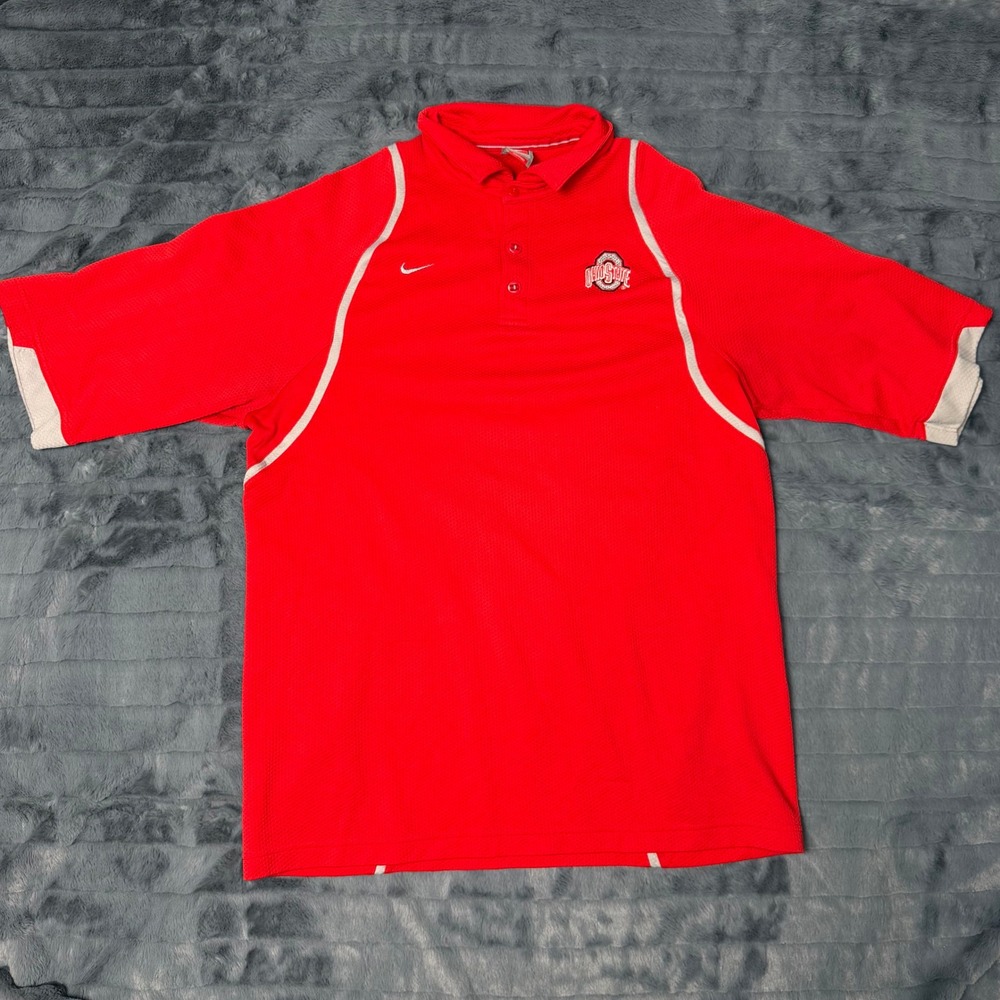 Nike Ohio State Buckeyes Polo Shirt Mens XL Red White Nike Fit Dry Short Sleeve